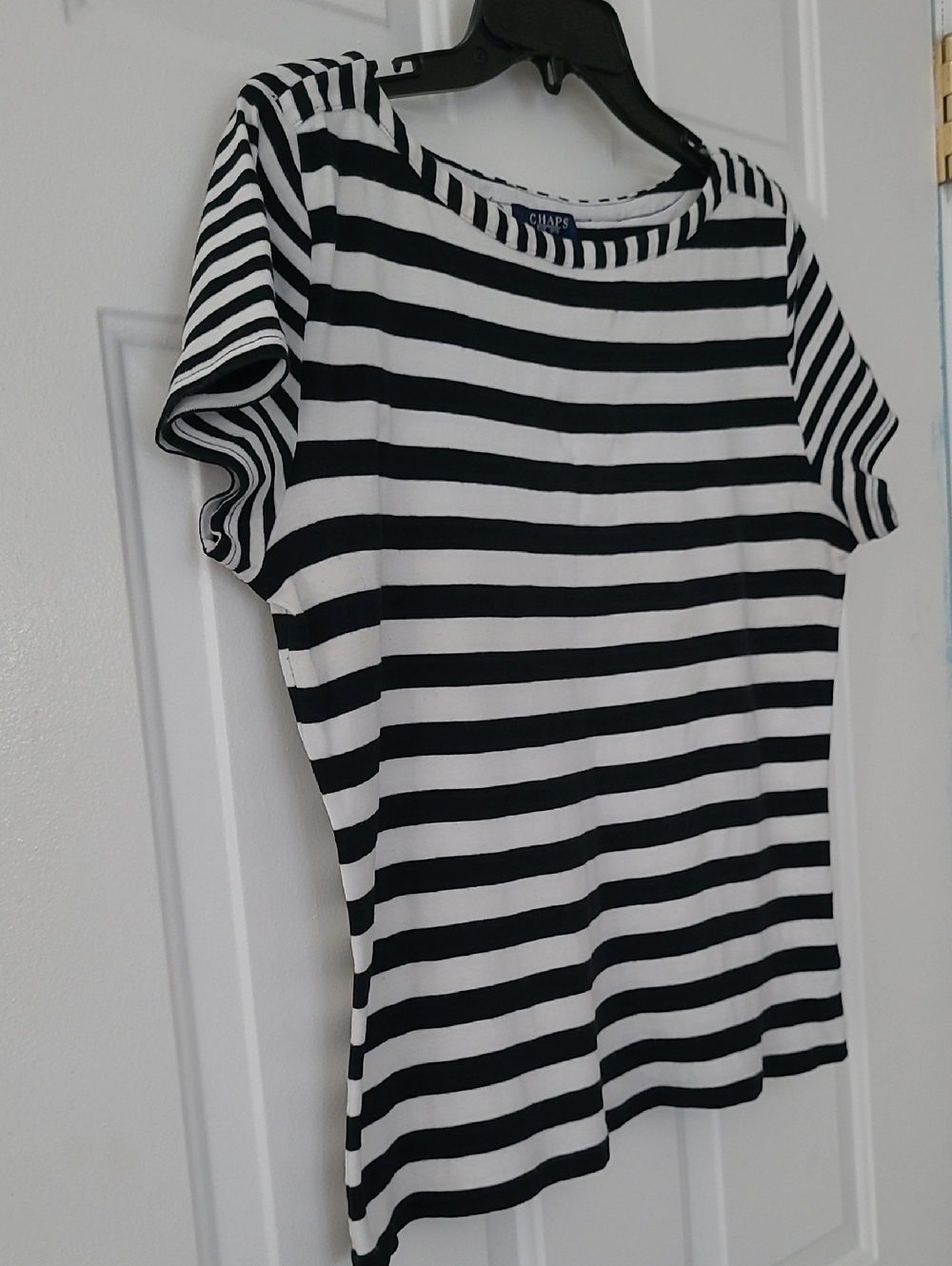 Chaps, striped boatneck top featuring a black and white Horizontal Pattern